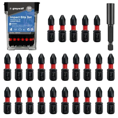 Imagen del producto de Juego de 26 puntas para taladro, que incluye puntas para tornillos Phillips (PH2) y adaptadores de cambio rápido