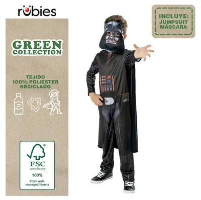 Produktbild von Rubies Darth Vader Kostüm für Kinder, Jumpsuit mit Umhang und Maske, offizielles Star Wars-Kostüm, nachhaltig, grüne Kollektion für Karneval, Weihnachten, Geburtstag, Party und Halloween.