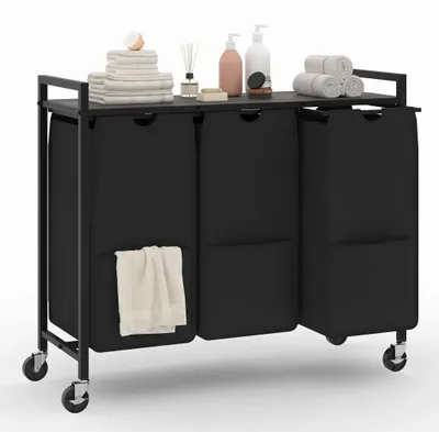 Immagine prodotto di Carrello per biancheria su ruote - Contenitore per biancheria a 3 scomparti con ripiano - Sacchetti in tessuto removibili - 120 litri - Grigio/Nero