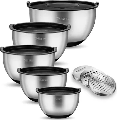 Produktbild von Edelstahl Schüssel Set mit Deckeln und Gemüsehobel, 5-teilig