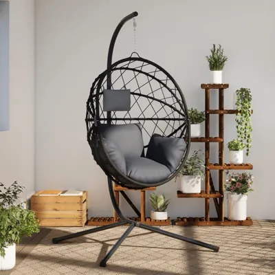 Produktbild von Möbel Hängesessel Ei-Design mit Ständer Anthrazit Rattan und Stahl - Hollywoodschaukeln 4007402