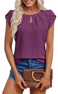 Produktbild von Chicrise Damen Tshirt Basic Rundhals Flügelärmeln Bluse Lässig Ajour Top Unifarb
