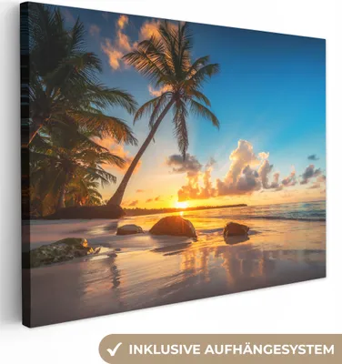 Produktbild von MuchoWow® - Leinwandbilder - Strand - Meer - Palme - Sonnenuntergang, Wandbild, Wanddeko Bilder Wohnzimmer, 40x30 cm