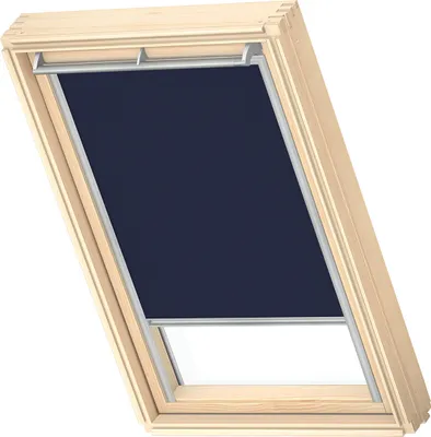 A dark blue roller blind installed in a wooden framed skylight.
