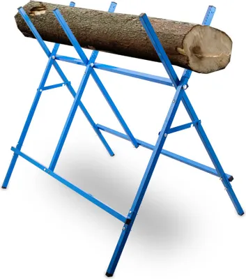 A blue folding sawhorse with a log on it, set against a white background.