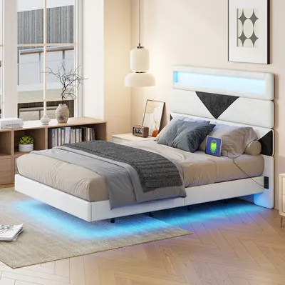 Produktbild von UnboxG Polsterbett 160x200cm mit USB, Jugendbett Doppelbett mit LED und Lattenrost, höhenverstellbarem Kopfteil, Holzbett Jugendbett Funktionsbett Samt