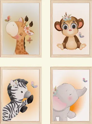Produktbild von Giraffe Affe Zebra Elefant Safari Tiere Bilder 4er Set DIN A4 Kinderzimmer Wandbilder Babyzimmer Poster Dekoration