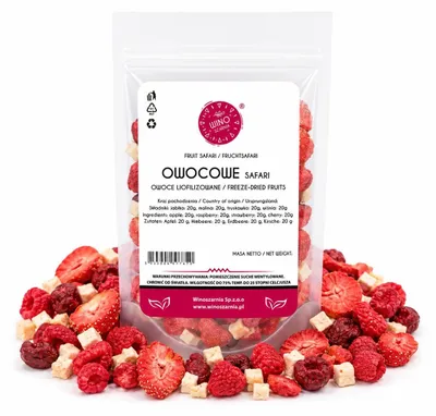 Image de Fruit Safari Mélange lyophilisé Pomme Framboise Fraise Cerise 80g Doypack