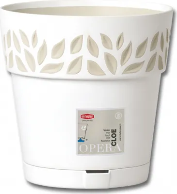 A white plastic plant pot with a decorative leaf pattern around the rim, placed on a white background.