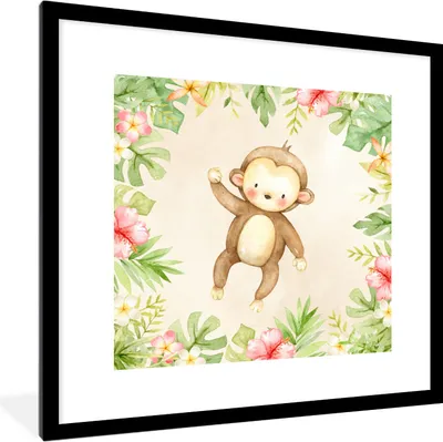 Produktbild von MuchoWow® MuchoWow® Gerahmtes Poster Dschungel - Affe - Aquarell 40x40 cm - Poster mit zchwarzem Bilderrahmen - Poster - Plakat im Rahmen