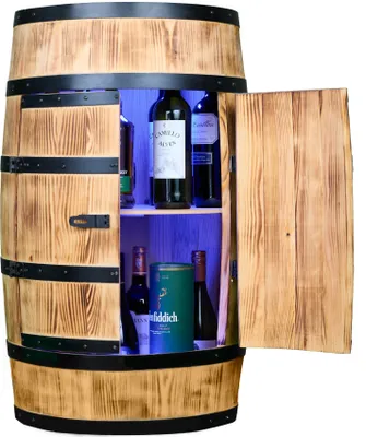 Produktbild von CREATIVE COOPER Weinfass Stehtisch mit Tür und LED RGB - Alkoholschrank Flaschenregal Holz - Holzfass - Fassmöbel - Nadelbaumholz - Wineregal - Weinbar - Fass bar mit Tür - 80Cm (Sonnenverbranntes)