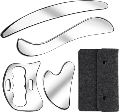 Produktbild von Gua Sha-Set aus Edelstahl, 4 Stück, multifunktionales Faszienwerkzeug. Gua Sha-Stein für Beine, Rücken, Gesicht, Nacken, zur Muskelentspannung und Schmerzlinderung (mit Filztasche)