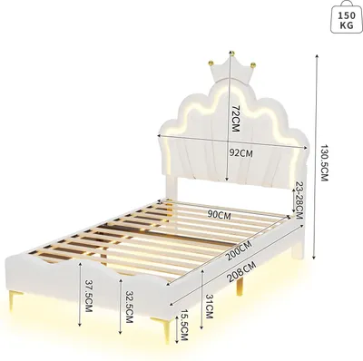 Obrázek produktu pro Fortuna Lai čalouněná postel 90x200cm, manželská postel dětská postel s korunovým čelem, postel pro mládež dřevěná postel s lamelovým roštem, PU, bílá