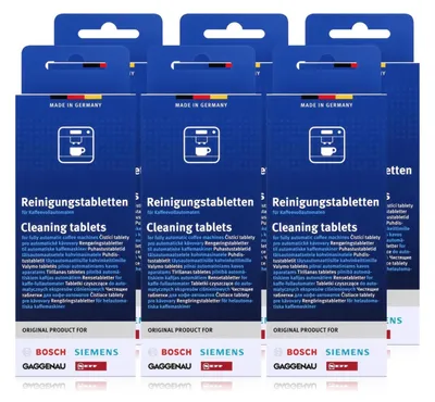 A collage of product packaging for cleaning tablets for coffee machines.