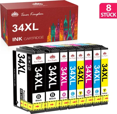 A box of ink cartridges with several cartridges lined up in front of it.