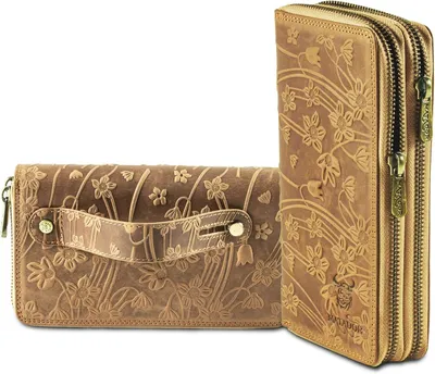 Produktbild von Damen Geldbörse Leder mit RFID Schutz große Wallet 26 Kartenfächer Münzfach Blumen Design hellbraun Portemonnaie Geschenkbox elegant