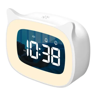 A white digital alarm clock with a cat-ear design and a glowing yellow light ring around the display.
