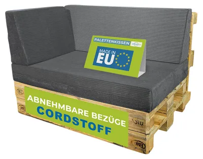 Produktbild von Pillows24 - Palettenkissen 3-teiliges Set aus Cordstoff | Sitzkissen & Rückenkissen für Europaletten 120x80 | für Wohnzimmer, Garten | Dunkelgrau