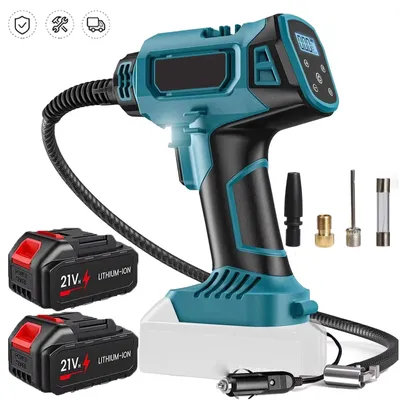 Obrázok produktu pre Prenosný kompresor – Bezdrôtová pumpa na pneumatiky – 21 V – Digitálny displej – Vhodné pre autá, bicykle a lopty – 2 batérie