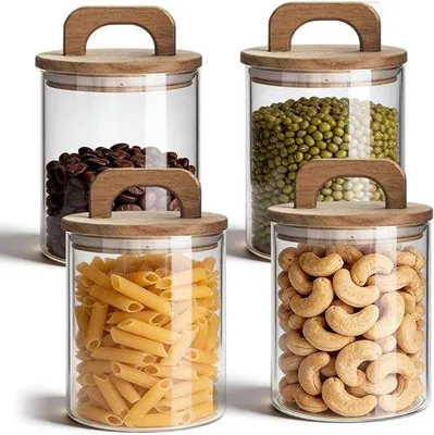 Produktbild von Luftdichte Vorratsbehälter, 800 ml – Glasbehälter mit Holzdeckel – Praktischer Griff – Ideal für Pasta