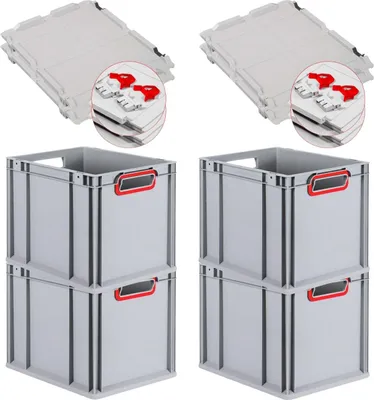 Produktbild von SuperSparSet 4x Eurobox NextGen Color mit Scharnierdeckel und Schiebeschnappverschlüssen | HxBxT 32x30x40cm | 30 Liter | Grau | Griffe rot offen | Glatter Boden | Eurobehälter, Transportbox, Transportbehälter, Stapelbehälter
