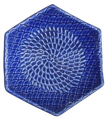 Produktbild von Kaladia Keramik Reibeteller Hexagon - Dunkelblau - ideal zum Zerkleinern von Zutaten - 12x3 cm - handgemacht & handbemalt