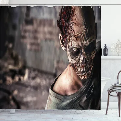 Immagine prodotto di ABAKUHAUS Tenda da doccia Zombie, persona morta in rovina con tema inquietante omicidio morte illustrazione distopia, 175 x 200 cm, taupe peach