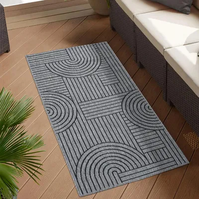 Produktbild von Teppich Outdoor Wetterfest - Anthrazit, Grau - Wendeteppich - 80x150 cm - Geometrisches Muster