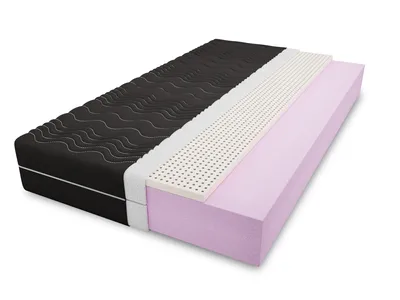 A cross-section of a mattress showing its different layers, presented on a white background.
