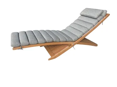 A chaise lounge with a gray cushion on a white background.