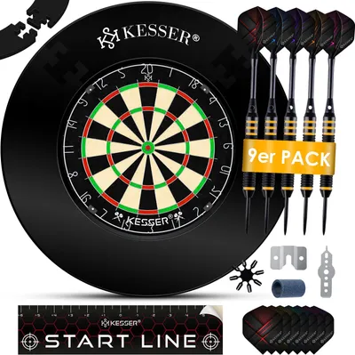 Produktbild von KESSER® Dartscheibe kork mit 9 Dartpfeile Professional Dartboard + 21 Pro Flights + Zubehör Steeldart Offizielles Dartscheibe 9 Pfeilen Metallspitze Profi Steeldartscheibe - Dartboard inkl. Montageset