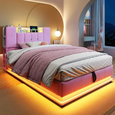 Zdjęcie produktu dla Łóżko dziecięce tapicerowane, 90x200 cm, w kolorze różowym, z oświetleniem LED, portem USB, hydraulicznym pojemnikiem na pościel i obiciem z aksamitu, metalowa rama z półką na zagłówku