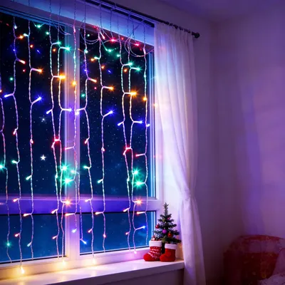 Obrázok produktu pre Vianočná záclona, 1 m x 1 m, s 100 RGB LED diódami, 8 režimami osvetlenia a diaľkovým ovládaním, vhodná na vnútorné aj vonkajšie použitie