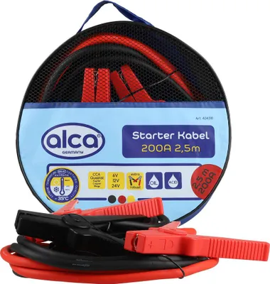 Produktbild von alca® Starthilfekabel max. 200 A, 8,55 mm², 2x2,5 m Plus (Rot) & Minus (Schwarz), CCA-Qualität, inkl. runder Aufbewahrungstasche