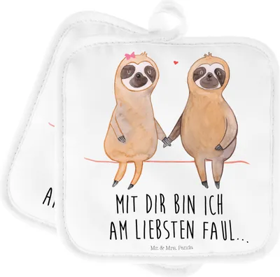 Produktbild von Mr. & Mrs. Panda 2er Set Topflappen Faultier Pärchen - Weiß - Geschenk, verliebt, Schöne Topflappen, Beziehung, Faultierpärchen, Faultier Geschenk, Topfhandschuh, relaxen