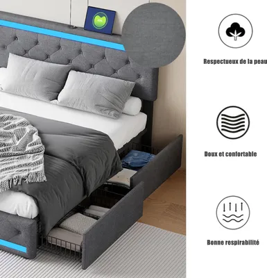 Produktbild von Bett - Polsterbett Doppelbett - 140x200 cm - Bezug aus Hanfstoff - Mit Stauraum - Metallrahmen - Modern minimalistisch
