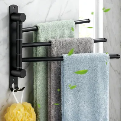 Image de Porte-serviettes sans perçage, porte-serviettes noir mat, barre pivotante à 180° sans perçage, porte-serviettes de bain, acier inoxydable 304, 3 barres avec crochets, pour salle de bains et lavabo