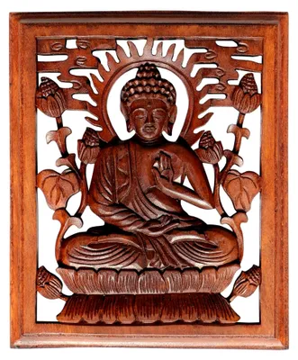 Produktbild von Buddha-Meditationsrelief 30 cm - Handgefertigte Holzschnitzerei für Feng Shui Wanddekoration