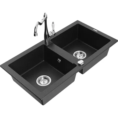 Obrázek produktu pro Mexen Mario 2-miskový granitový dřez s kuchyňskou baterií Carla, Černá/Stříbrná kovová - 6504-73-670700-00