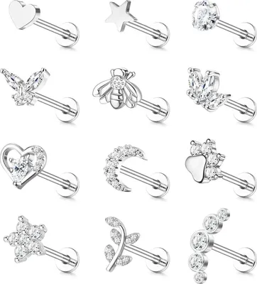 Produktbild von Kuafu 12 Stück 16G Tragus Helix Piercing Chirurgenstahl Set CZ Mond Herz Stern Blatt Labret Monroe Medusa Conch Piercing 8.0mm Silber/Gold