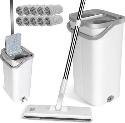Produktbild von Unyqoos® 2‑in‑1 Wischmopp-Set mit Eimer – Bodenmopp mit Auswringfunktion, 360° Drehkopf, 10 Mikrofasertücher, 140 cm Edelstahlstiel