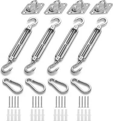 Immagine prodotto di Set di fissaggio per tende da sole, accessori per tende da sole quadrate e triangolari in acciaio inossidabile (12 pezzi per tende quadrate + 16 viti)