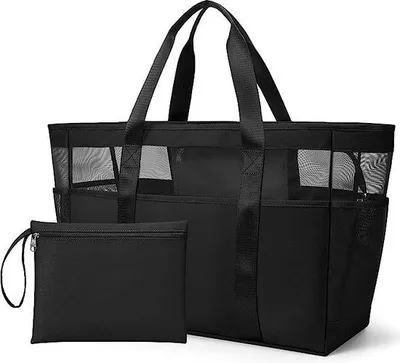 Produktbild von Unyqoos® Strandtasche XXL – Familien-Strandtasche aus robustem Mesh & Canvas mit Reißverschluss, 50 x 34 x 17 cm, 8 Außentaschen, faltbar, reißfeste Nylon-Träger