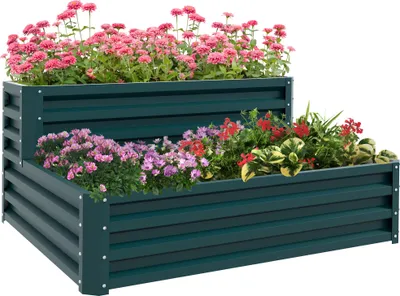 Image de Outsunny Carré potager de jardin jardinière en acier galvanisé lit de jardin surélevé fond ouvert 2 étages pour herbes légumes fruits fleurs 120 x 101 x 58 cm vert