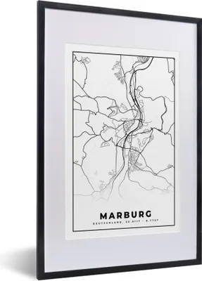 Produktbild von MuchoWow® Gerahmtes Poster Marburg - Karte - Stadtplan 40x60 cm - Poster mit Schwarzem Bilderrahmen Wandposter Rahmen Foto Bilder - Poster in Rahmen