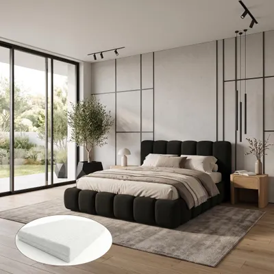 Produktbild von Ankado Polsterbett 180x200 cm - mit Matratze H3/H4 20 cm - Metall-Lattenrost - Bettkasten - Bouclé-Stoff Quelle 100 Schwarz