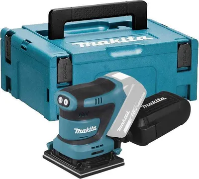A teal and black Makita orbital sander with a battery pack and a teal Makita MAKPAC storage case.