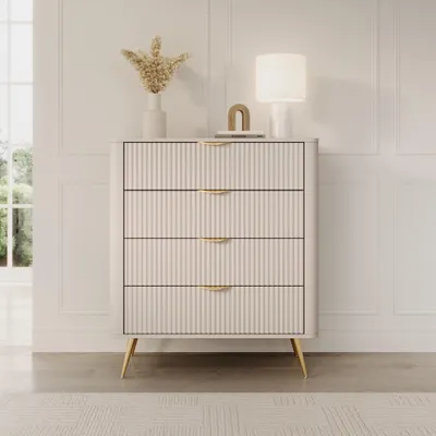 Produktbild von Highboard Kommode Lante 88 cm – 4 Schubladen – Beige / Kaschmir – Geriffelte Fronten