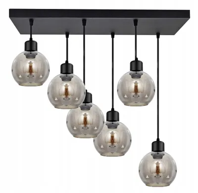 A black rectangular ceiling plate with six hanging pendant lights with clear glass globes and visible bulbs.