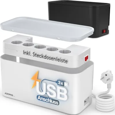 A product shot of a cable management box with a power strip and USB ports, shown disassembled and with a separate lid.